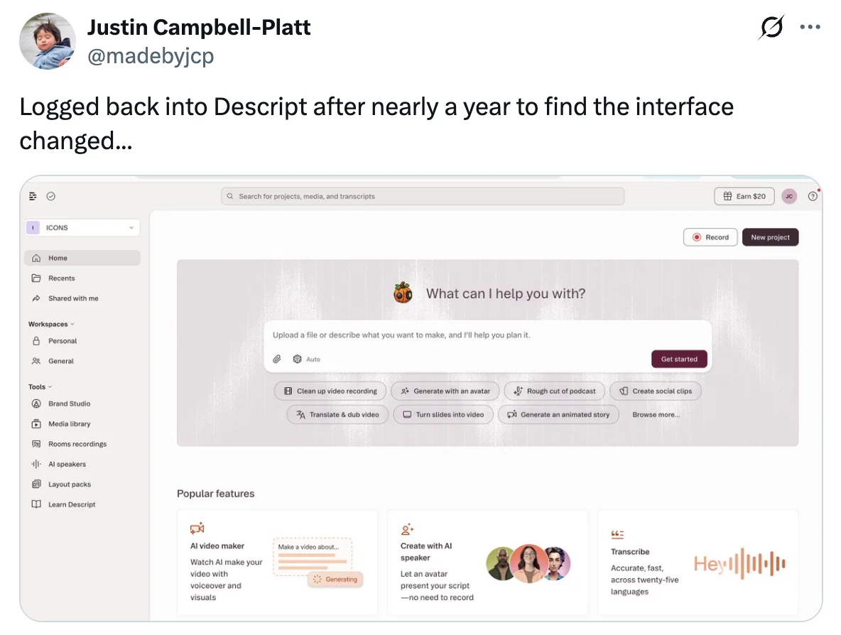 Justin's tweet about Descript's interface now being a chat interface