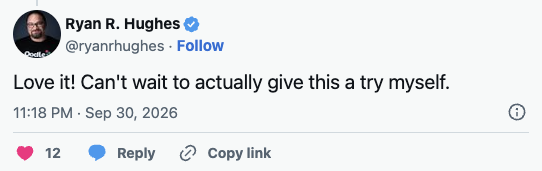 Tweet: "Love it! Can't wait to actually give this a try myself."